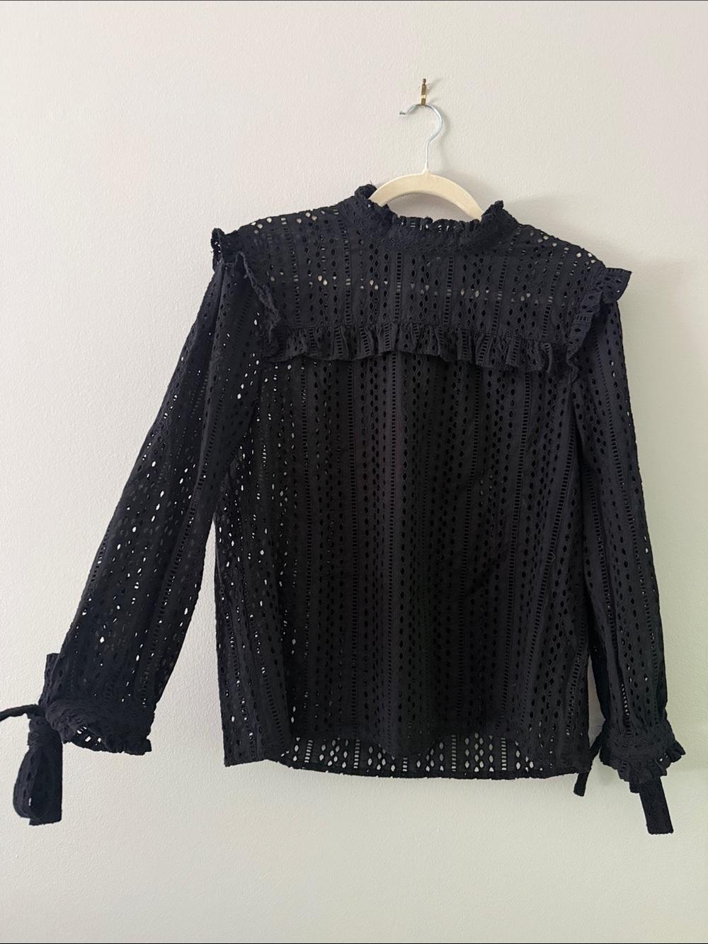 Madewell Black Eyelet Ruffle Yoke Long-Sleeve Blouse (Medium)